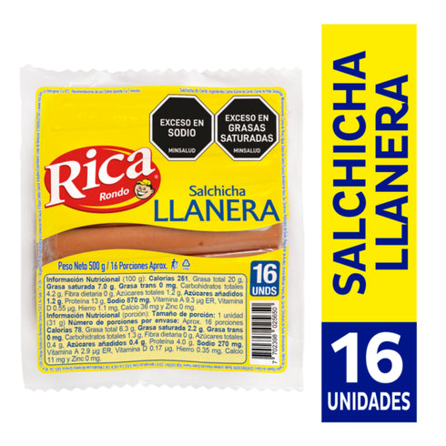 SALCHICHA RICA LLANERA 16 UNIDADES 500 GRAMOS