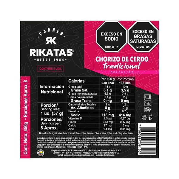 CHORIZO DE CERDO RIKATAS 8U 450G
