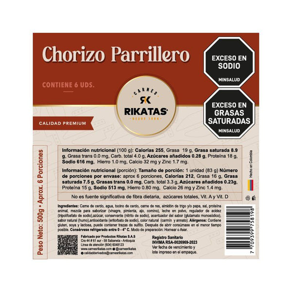 CHORIZO PARRILLERO RIKATAS 6U 500G