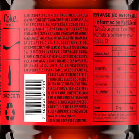 GASEOSA COCA COLA 2500ML SIN AZUCAR