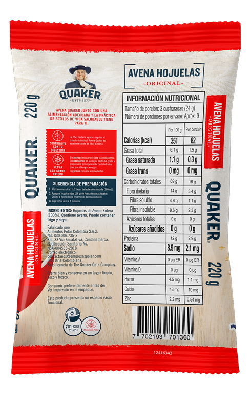 AVENA QUAKER 220G HOJUELA