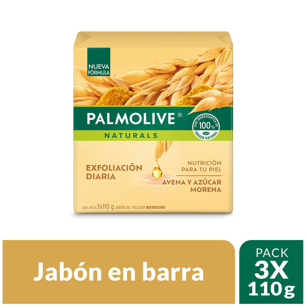 JABON EN BARRA PALMOLIVE AVENA Y AZÚCAR MORENA DE 110G X 3UND